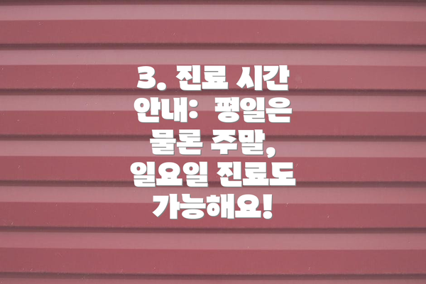 3. 진료 시간 안내:  평일은 물론 주말, 일요일 진료도 가능해요!